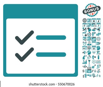Done Items Calendar Page icon with bonus calendar and time management design elements. Vector illustration style is flat iconic symbols, soft blue, white background.