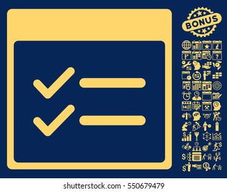 Done Items Calendar Page icon with bonus calendar and time management design elements. Vector illustration style is flat iconic symbols, yellow, blue background.