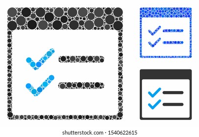 Done items calendar page mosaic of filled circles in different sizes and color tinges, based on done items calendar page icon. Vector small circles are organized into blue mosaic.