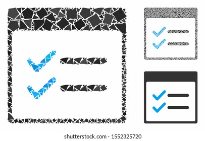 Done items calendar page mosaic of raggy parts in different sizes and color tinges, based on done items calendar page icon. Vector tuberous parts are grouped into collage.