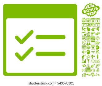 Done Items Calendar Page pictograph with bonus calendar and time management images. Vector illustration style is flat iconic symbols, eco green, white background.