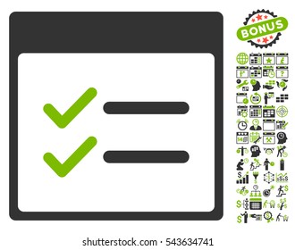 Done Items Calendar Page pictograph with bonus calendar and time management design elements. Vector illustration style is flat iconic symbols, eco green and gray, white background.