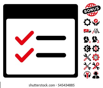 Done Items Calendar Page pictograph with bonus configuration graphic icons. Vector illustration style is flat iconic symbols, intensive red and black, white background.