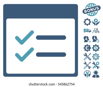 Done Items Calendar Page pictograph with bonus tools graphic icons. Vector illustration style is flat iconic symbols, cyan and blue, white background.