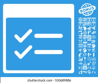 Done Items Calendar Page pictograph with bonus calendar and time management pictograms. Vector illustration style is flat iconic symbols, white, blue background.