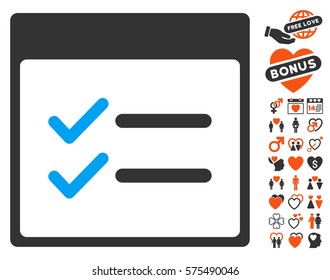 Done Items Calendar Page pictograph with bonus valentine icon set. Vector illustration style is flat iconic symbols for web design, app user interfaces.