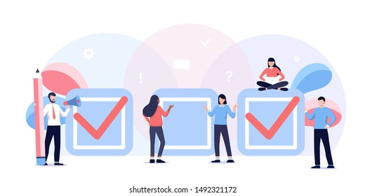 done job, checklist.  to do list with checkboxes, for web page, banner, Online education, books, exam. Business people team work concept. Questionnaire survey for people to give answer, research