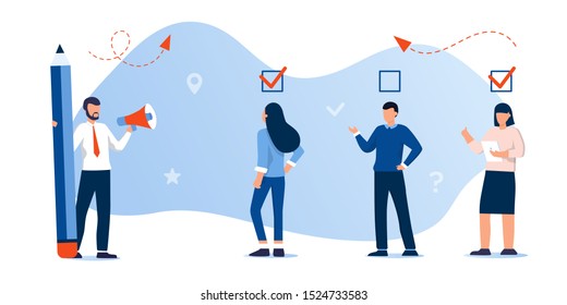 done job concept, checklist. to do list with checkboxes, for web page, banner, Online education, books, exam. Business people team work concept. Questionnaire survey for people give answer, research