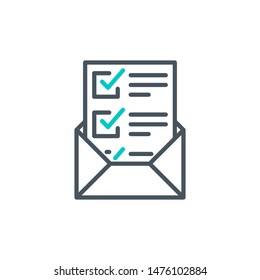 done list document with envelope outline flat icon. Single high quality outline logo symbol for web design or mobile app. Thin line sign for design logo Black and blue icon pictogram isolated on white