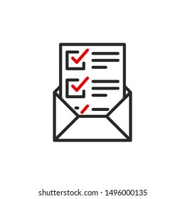 done list document with envelope outline flat icon. Single high quality outline logo symbol for web design or mobile app. Thin line sign for design logo. Black and red icon pictogram isolated on white