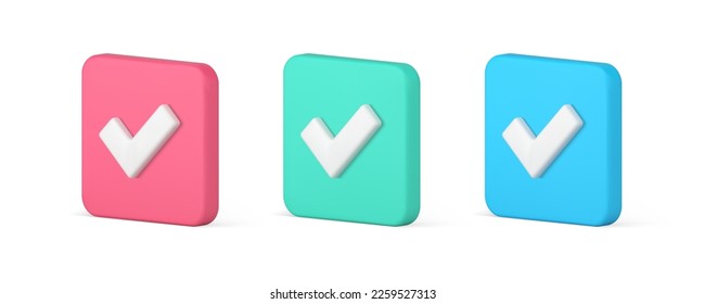 Hecho positivo aceptar marca de verificación corregir la casilla de verificación opción de confirmación del cuestionario Icono 3d conjunto de ilustración vectorial realista. Logro del acuerdo de éxito botón de solución de comunicación correcta