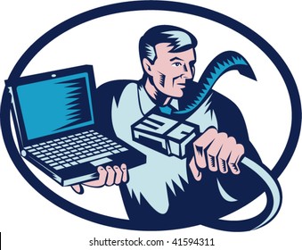 Done in retro woodcut style, the image shows a computer guy holding a network cable and laptop.