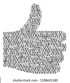 Done shape made of chromosome icons in different sizes. Abstract vector thumb finger up illustration. Chromosome icons are united into valid choice figure.