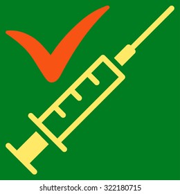 Done Vaccination vector icon. Style is bicolor flat symbol, orange and yellow colors, rounded angles, green background.