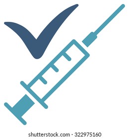 Done Vaccination vector icon. Style is bicolor flat symbol, cyan and blue colors, rounded angles, white background.