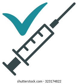 Done Vaccination vector icon. Style is bicolor flat symbol, soft blue colors, rounded angles, white background.