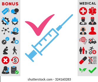 Done Vaccination vector icon. Style is bicolor flat symbol, pink and blue colors, rounded angles, white background.