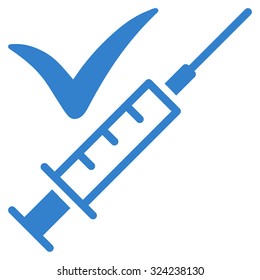 Done Vaccination vector icon. Style is flat symbol, cobalt color, rounded angles, white background.