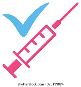 Done Vaccination vector icon. Style is bicolor flat symbol, pink and blue colors, rounded angles, white background.