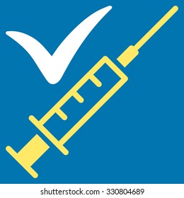 Done Vaccination vector icon. Style is bicolor flat symbol, yellow and white colors, rounded angles, blue background.