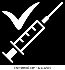 Done Vaccination vector icon. Style is flat symbol, white color, rounded angles, black background.