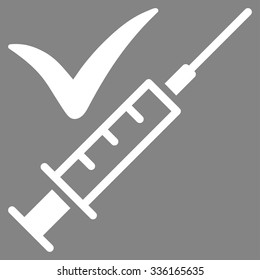 Done Vaccination vector icon. Style is flat symbol, white color, rounded angles, gray background.