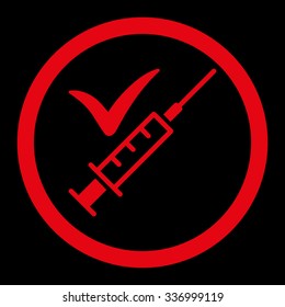 Done Vaccination vector icon. Style is flat rounded symbol, red color, rounded angles, black background.