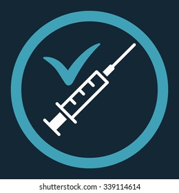Done Vaccination vector icon. Style is bicolor flat rounded symbol, blue and white colors, rounded angles, dark blue background.