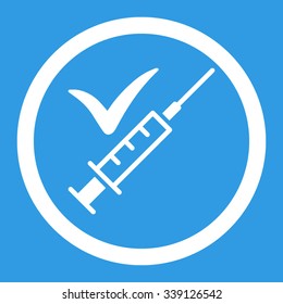 Done Vaccination vector icon. Style is flat rounded symbol, white color, rounded angles, blue background.
