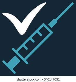 Done Vaccination vector icon. Style is bicolor flat symbol, blue and white colors, rounded angles, dark blue background.