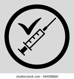 Done Vaccination vector icon. Style is flat rounded symbol, black color, rounded angles, light gray background.