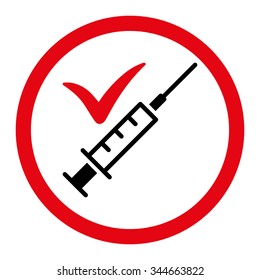 Done Vaccination vector icon. Style is bicolor flat rounded symbol, intensive red and black colors, rounded angles, white background.