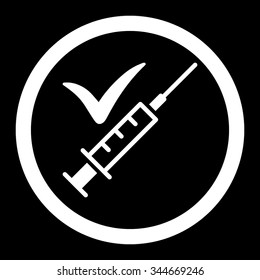 Done Vaccination vector icon. Style is flat rounded symbol, white color, rounded angles, black background.
