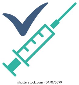 Done Vaccination vector icon. Style is bicolor flat symbol, cobalt and cyan colors, rounded angles, white background.