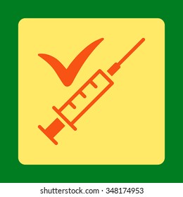 Done Vaccination vector icon. Style is flat rounded square button, orange and yellow colors, green background.