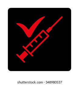 Done Vaccination vector icon. Style is flat rounded square button, intensive red and black colors, white background.