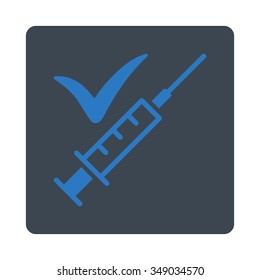 Done Vaccination vector icon. Style is flat rounded square button, smooth blue colors, white background.