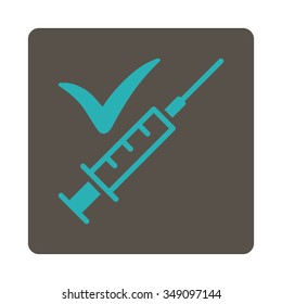 Done Vaccination vector icon. Style is flat rounded square button, cyan and grey colors, white background.
