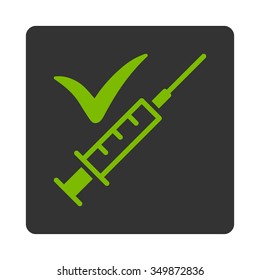 Done Vaccination vector icon. Style is flat rounded square button, eco green and gray colors, white background.