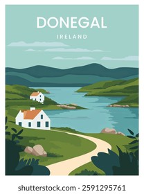Donegal Ireland Coastal Houses Landscape Illustration vector illustration