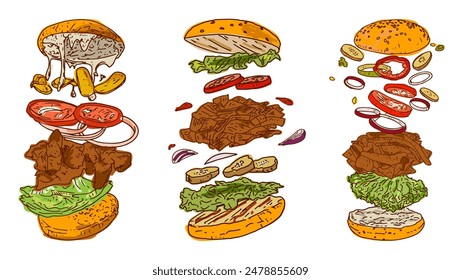 Doner burger. Hand drawn vector illustration. Making doner kebab and kebab ingredients. Fast food design elements. Restaurant cafe poster, template design. 