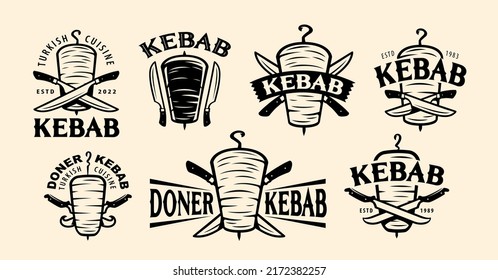 Doner Kebab badge set. Fast food labels, emblems, logo. Shashlik, meat store, restaurant, grill cafe