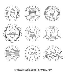 Doner kebab badge set. Stock vector illustration of turkish fast food for restaurant logo and promo design in black outline on white background.