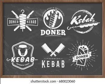 Doner kebab badges. Vector kebab logos with traditional eastern grill dishes on the dirty chalkboard background. Vintage labels for restaurant or bar.