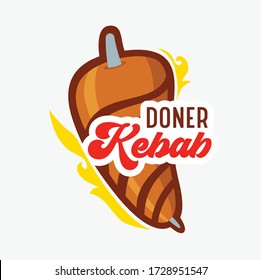 Doner Kebab Banner, Creative Badge with Meat on Pole, Fire and Typography Isolated on White Background. Fastfood Cafe Label Grilled Food Arabian or Turkish Restaurant Icon, Emblem. Vector Illustration