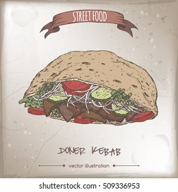 Doner kebab color sketch on grunge background. Turkish cuisine. Street food series. Great for market, restaurant, cafe, food label design.