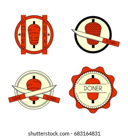 Doner kebab colorful badge set. Stock vector illustration of turkish fast food for restaurant logo and promo design.