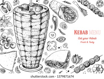 Doner Kebab Cooking Ingredients Kebab Sketch Stock Vector (Royalty Free ...