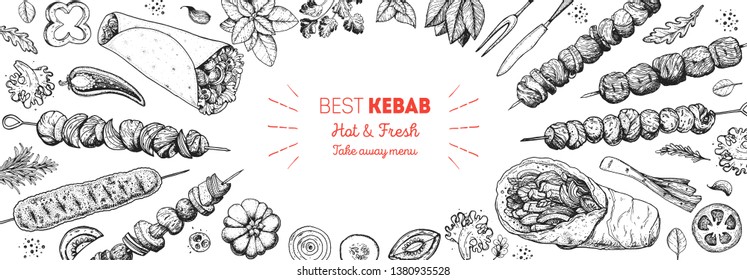 Doner kebab cooking and ingredients for kebab, sketch illustration. Arabic cuisine frame. Fast food menu design elements. Shawarma hand drawn frame. Middle eastern food. 