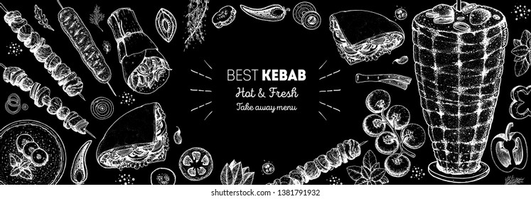 Doner kebab cooking and ingredients for kebab, sketch illustration. Arabic cuisine frame. Fast food menu design elements. Shawarma hand drawn frame. Middle eastern food. 